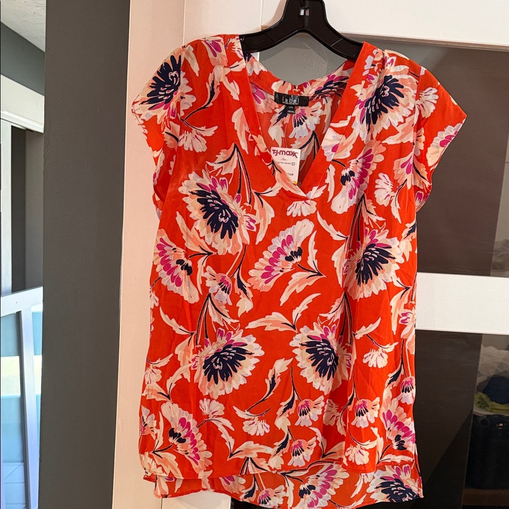 Label Rachel Roy  Orange Floral V-Neck Blouse with Pink & Navy Accents